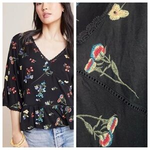 Anthropologie Black Parvati Embroidered Floral Blouse Size XS 26966